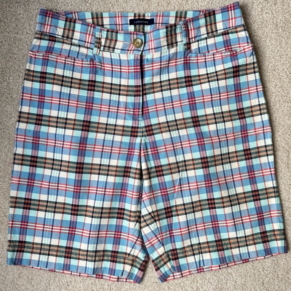 Lands' End Pants - Lands End Bermuda Shorts Fit 2 Blue Plaid Pockets High Waisted Cotton Size 10